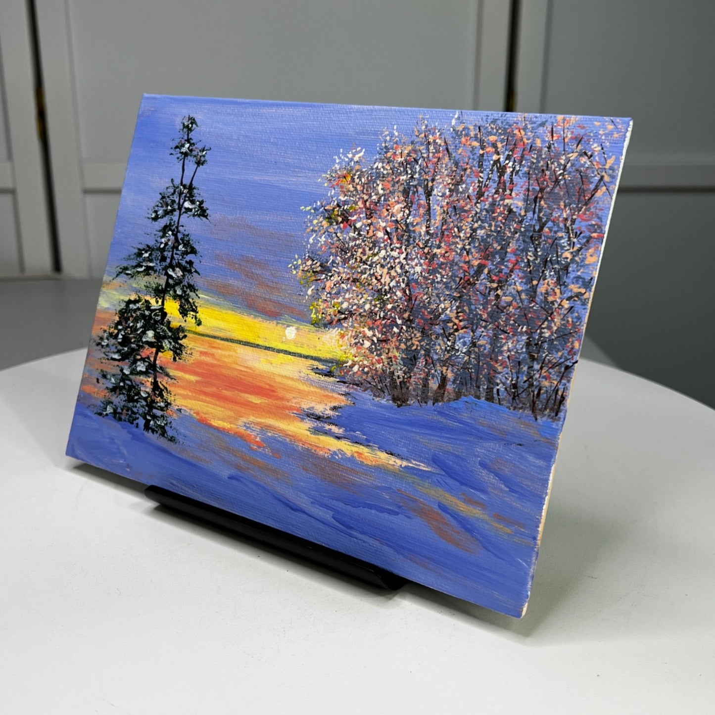 Twilight In Winter Acrylic Painting On Canvas 6" x 8" Original Unframed Art