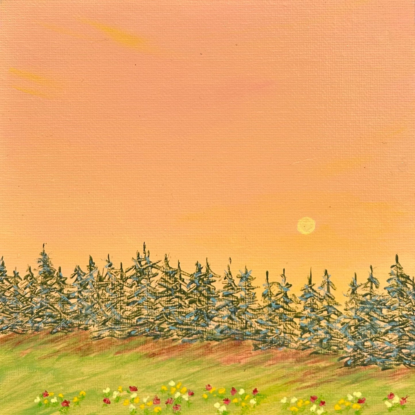 A Day Ends 6" x 6" Acrylic Painting Forest Sunset Landscape Original Wall Art
