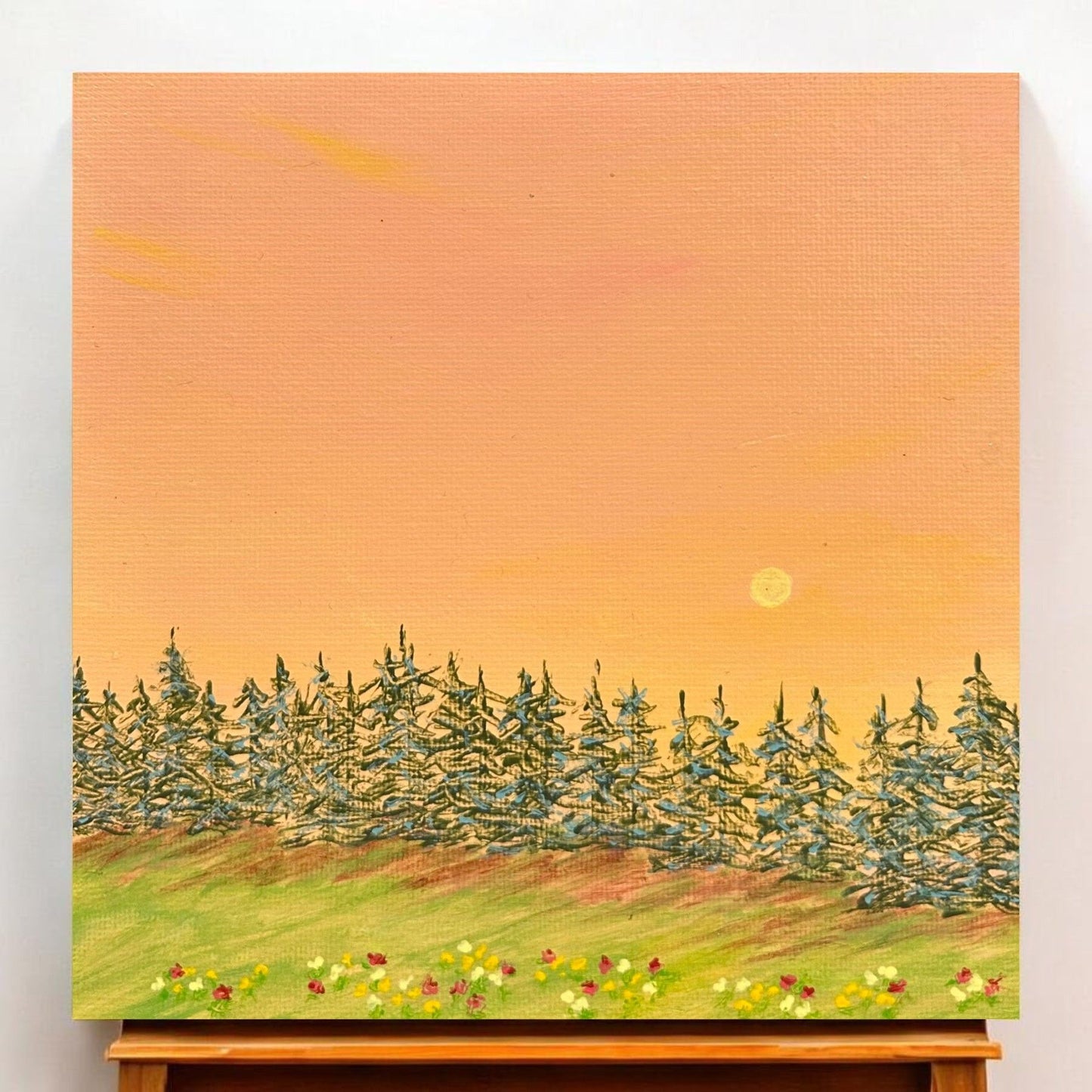 A Day Ends 6" x 6" Acrylic Painting Forest Sunset Landscape Original Wall Art