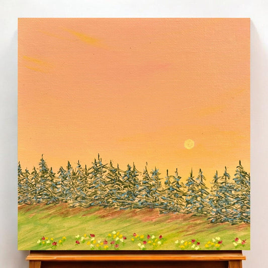 A Day Ends 6" x 6" Acrylic Painting Forest Sunset Landscape Original Wall Art