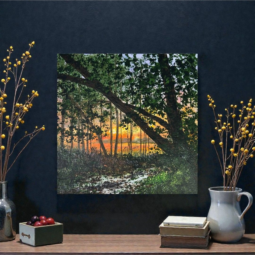 Sunset Through The Trees Hand-Painted Acrylic Artwork Unframed 8 x 8 Inches