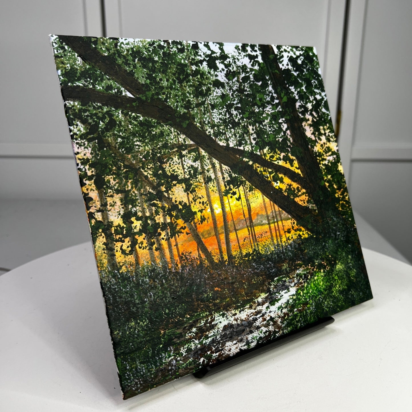 Sunset Through The Trees Hand-Painted Acrylic Artwork Unframed 8 x 8 Inches