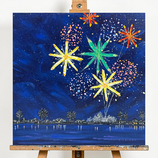 Celebrate 2 Fireworks Acrylic Painting 8"x8" Celebration Theme Wall Art Unframed