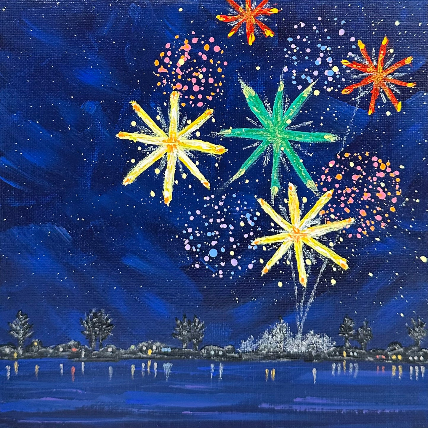 Celebrate 2 Fireworks Acrylic Painting 8"x8" Celebration Theme Wall Art Unframed