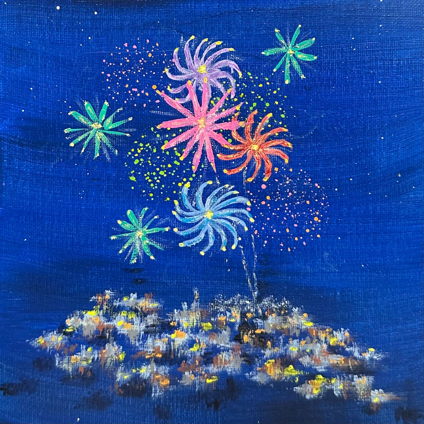 Celebration 8" X 8" Unframed Acrylic Painting Wall Art Original Fireworks Scene