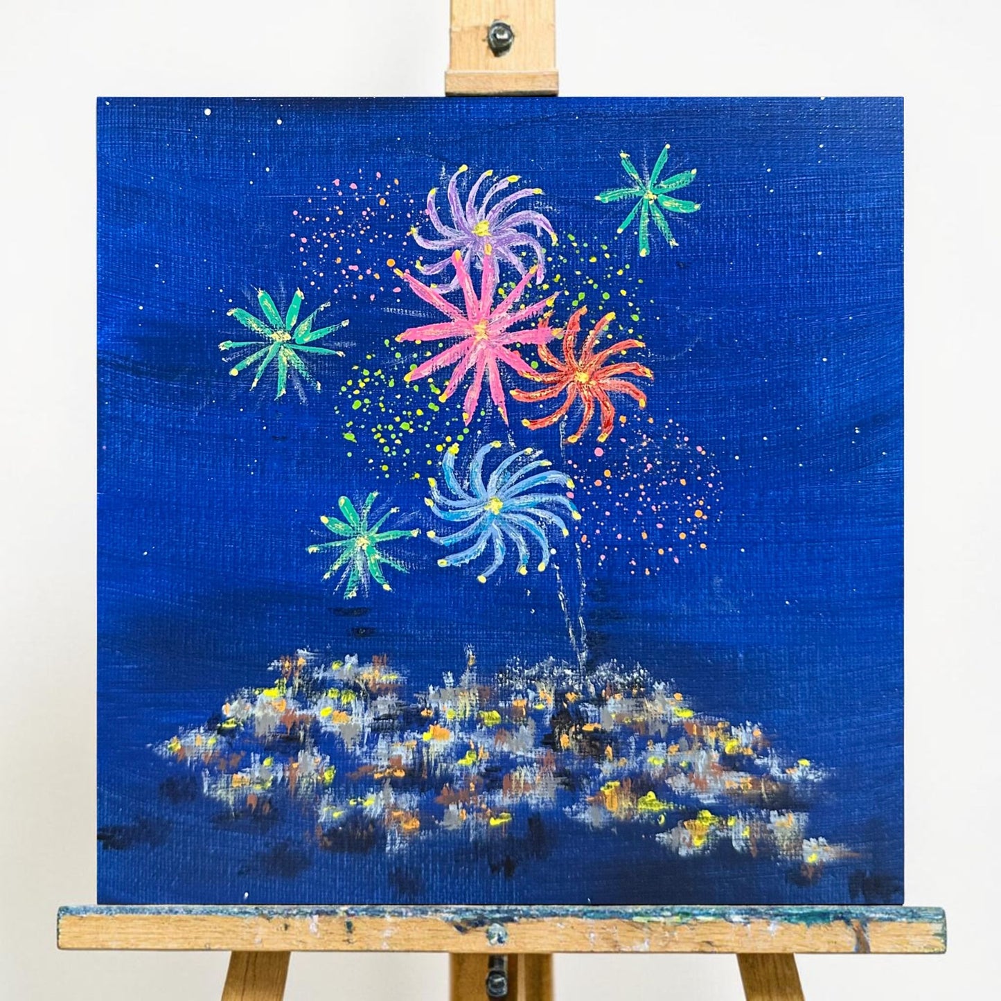 Celebration 8" X 8" Unframed Acrylic Painting Wall Art Original Fireworks Scene