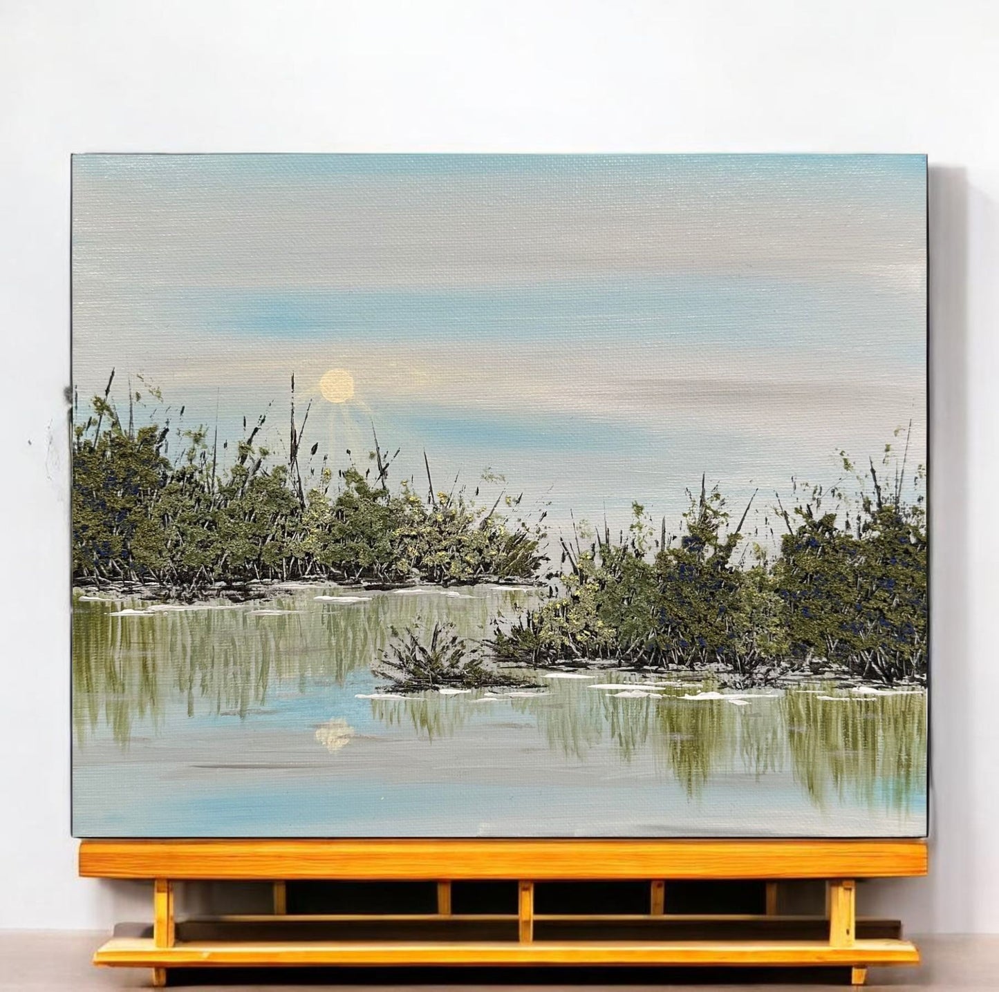Contentment Acrylic Painting 8x10 Original Wall Art Trees & Lake Scene Unframed