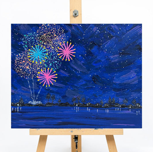 Celebrate 4 Fireworks Scene Acrylic Painting 8" X 10" Original Wall Art Unframed