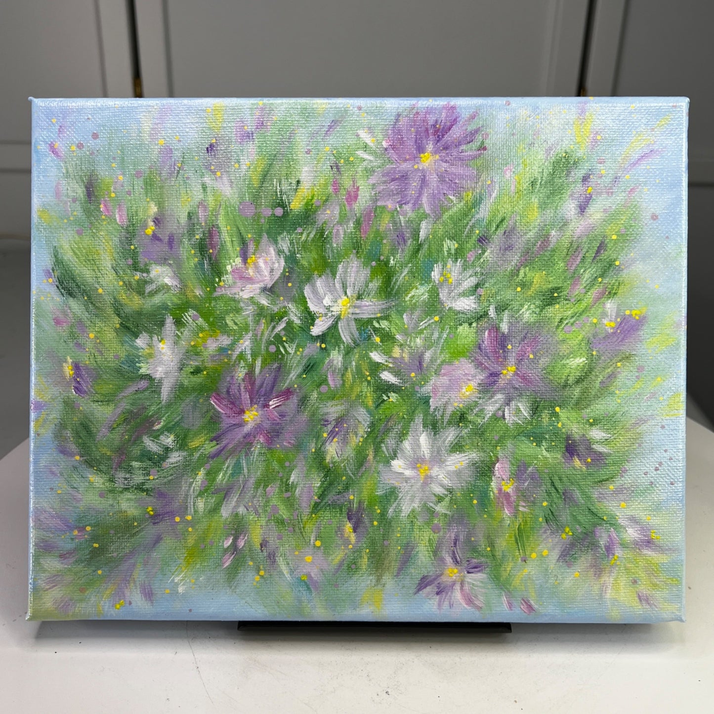 "Flowering 1" Floral Wall Art Stretched Canvas Acrylic Painting 8" x 10"