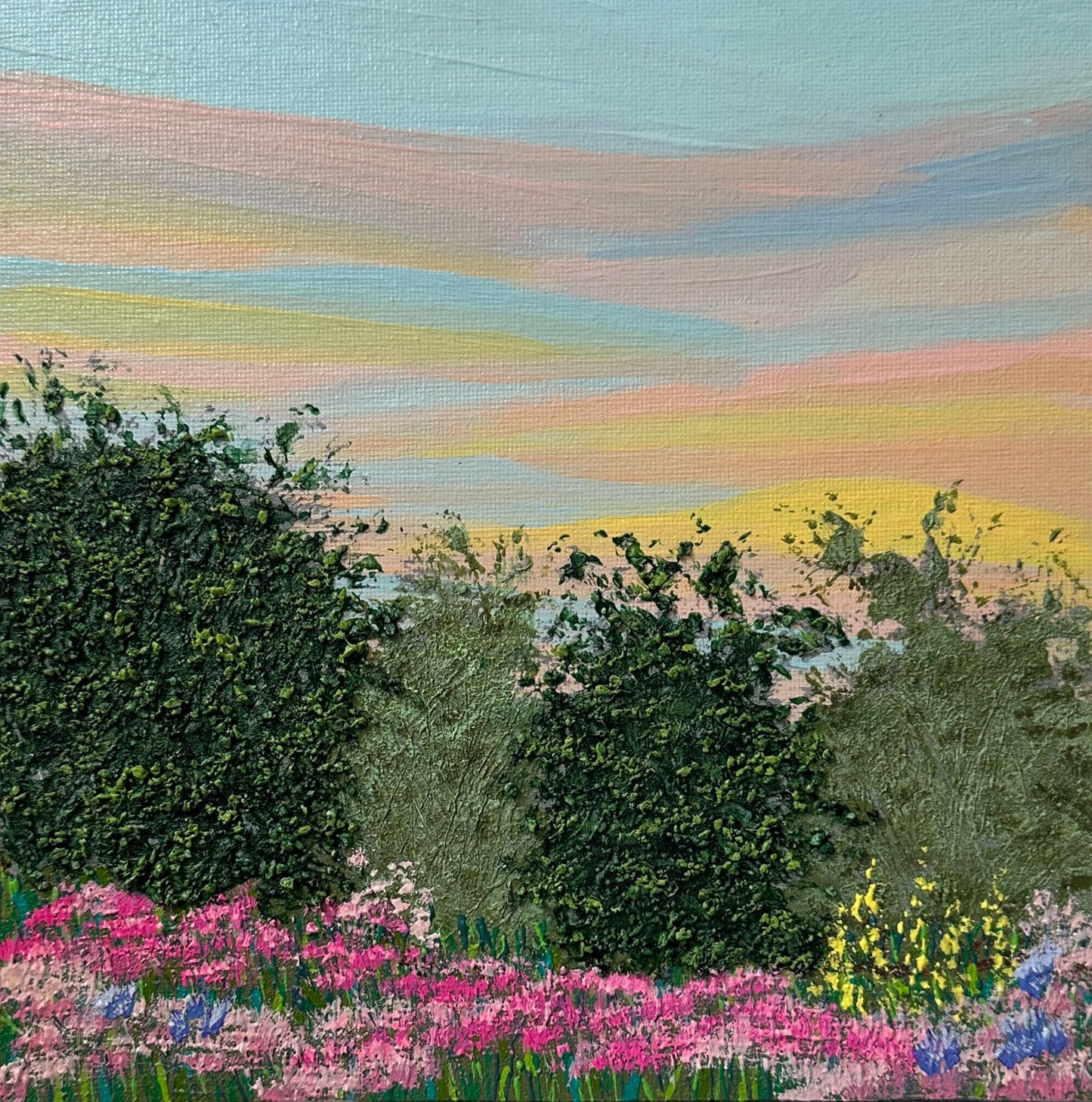 Morning Meadow Acrylic Painting Sunrise Landscape 8"x8" Original Signed Artwork