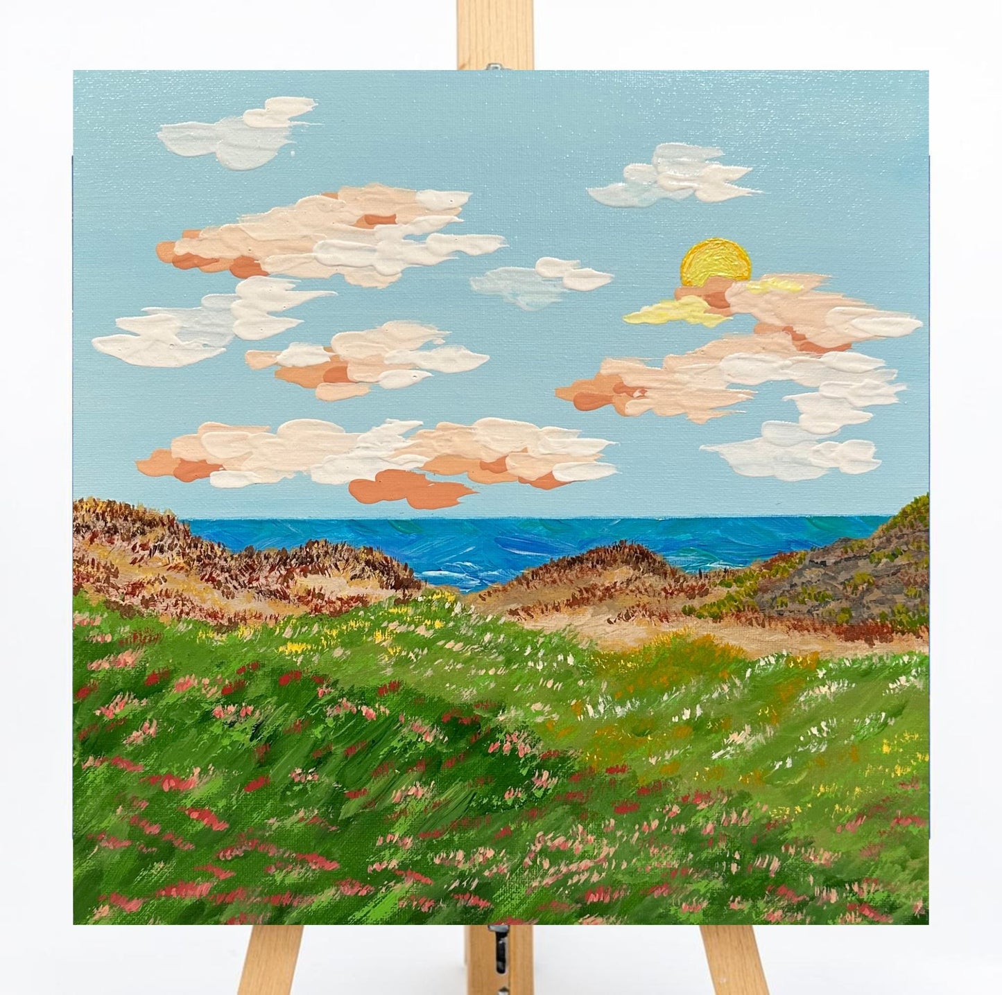 Sunset By The Seaside Acrylic Painting 12"x12" Tropical Landscape Wall Art