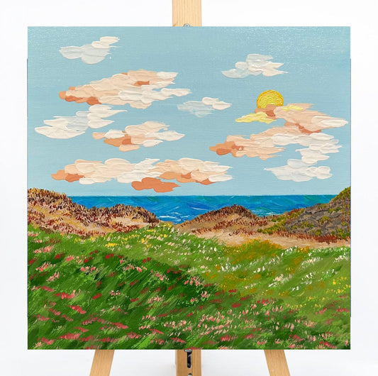 Sunset By The Seaside Acrylic Painting 12"x12" Tropical Landscape Wall Art