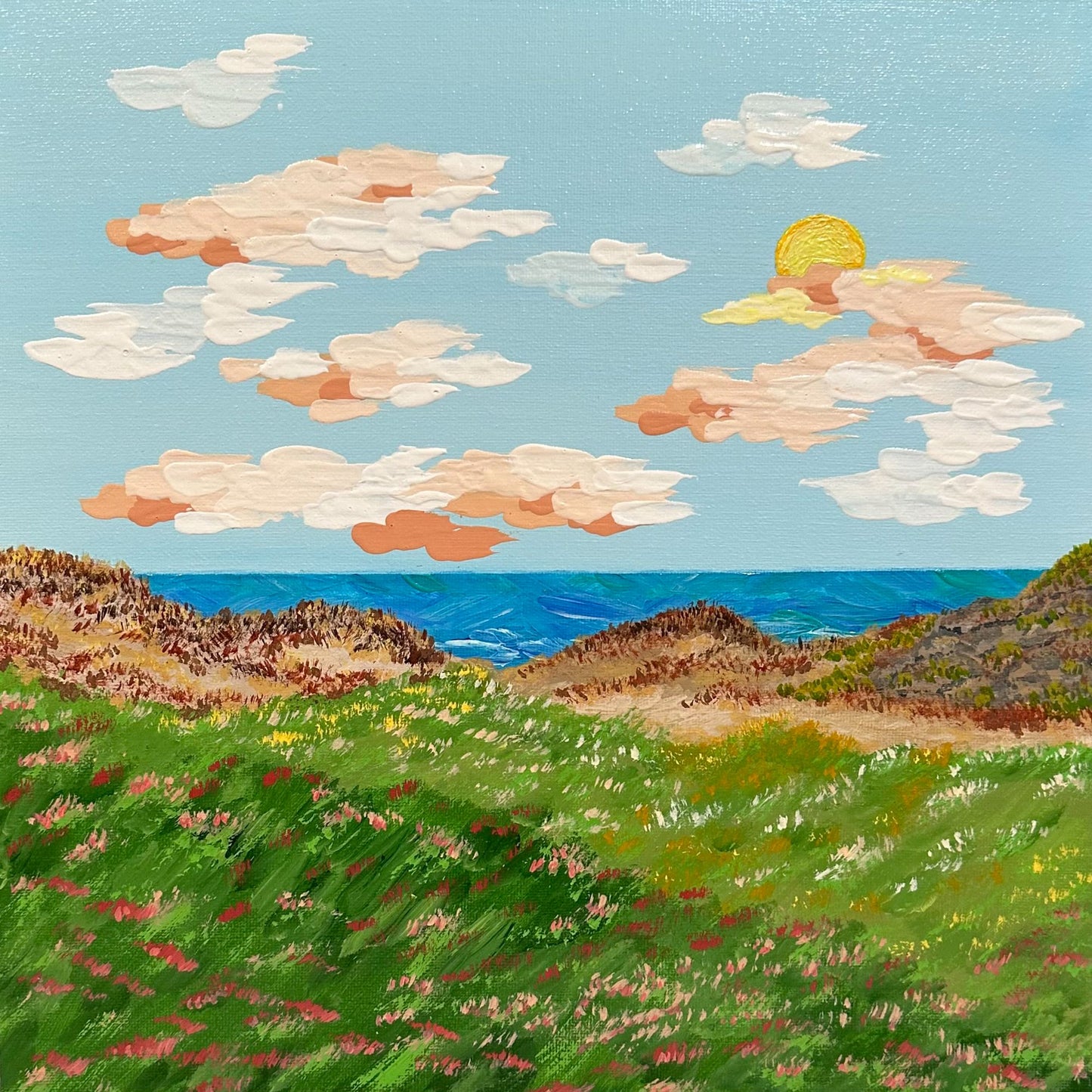 Sunset By The Seaside Acrylic Painting 12"x12" Tropical Landscape Wall Art