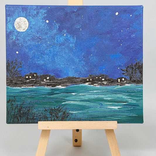 Super Moon 6" X 6" Acrylic Painting Signed Full Moon & Night Sky Art Unframed
