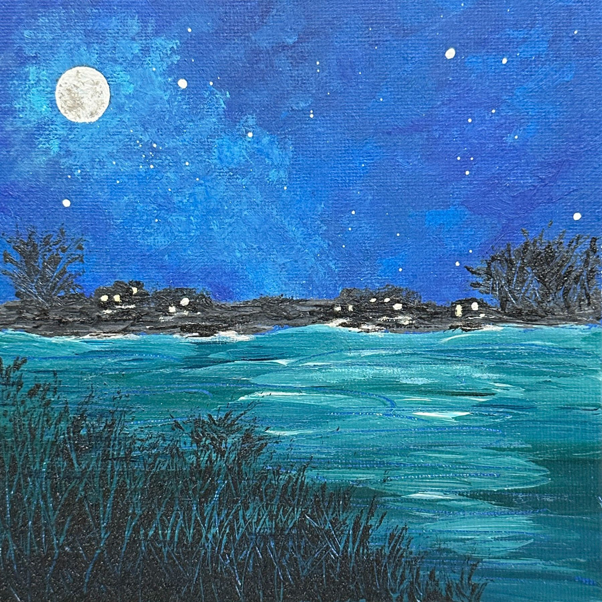 Super Moon 6" X 6" Acrylic Painting Signed Full Moon & Night Sky Art Unframed