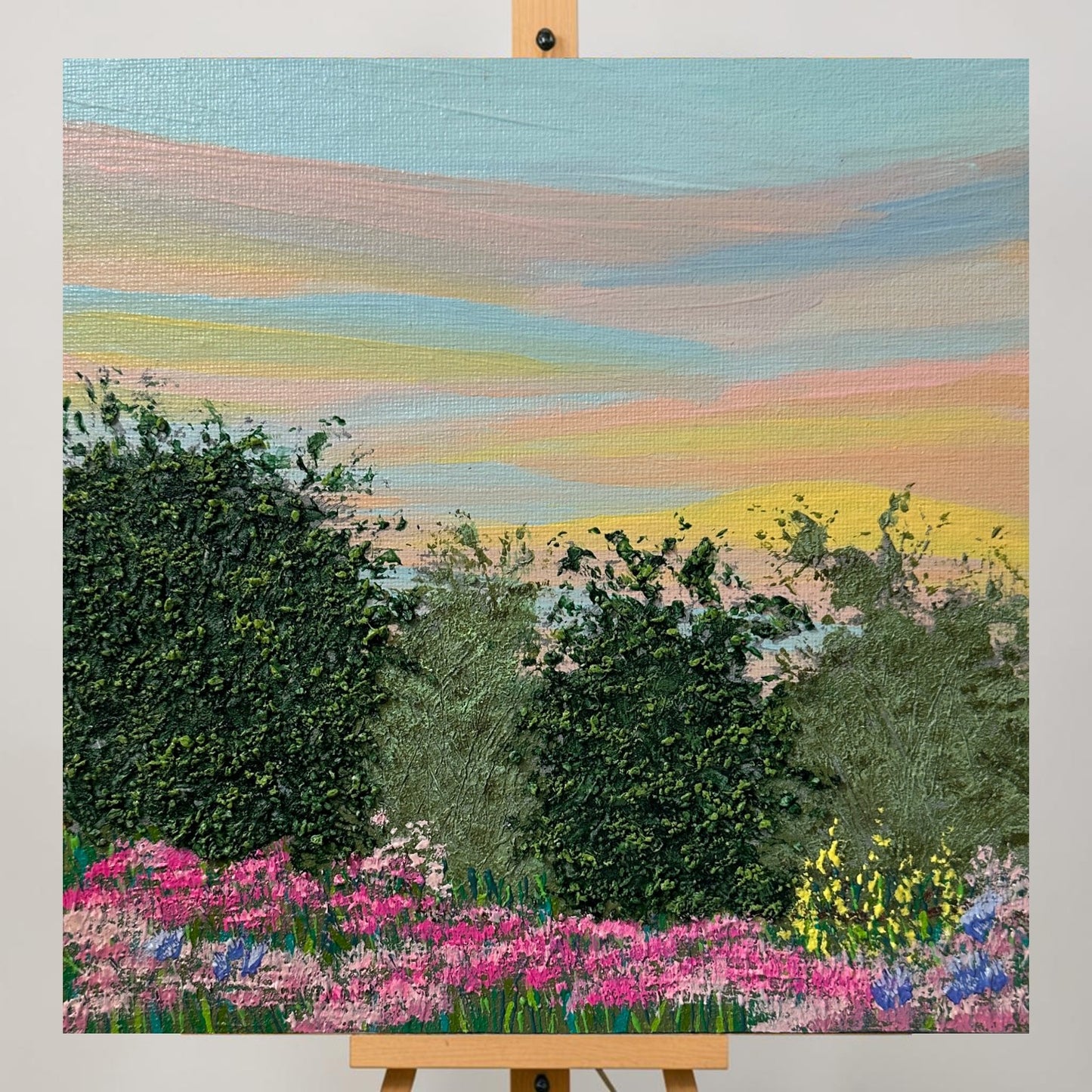 Morning Meadow Acrylic Painting Sunrise Landscape 8"x8" Original Signed Artwork