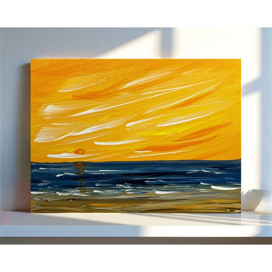 Sun Setting Over The Sea Acrylic Seascape Painting 6" x 8" Unframed - Signed