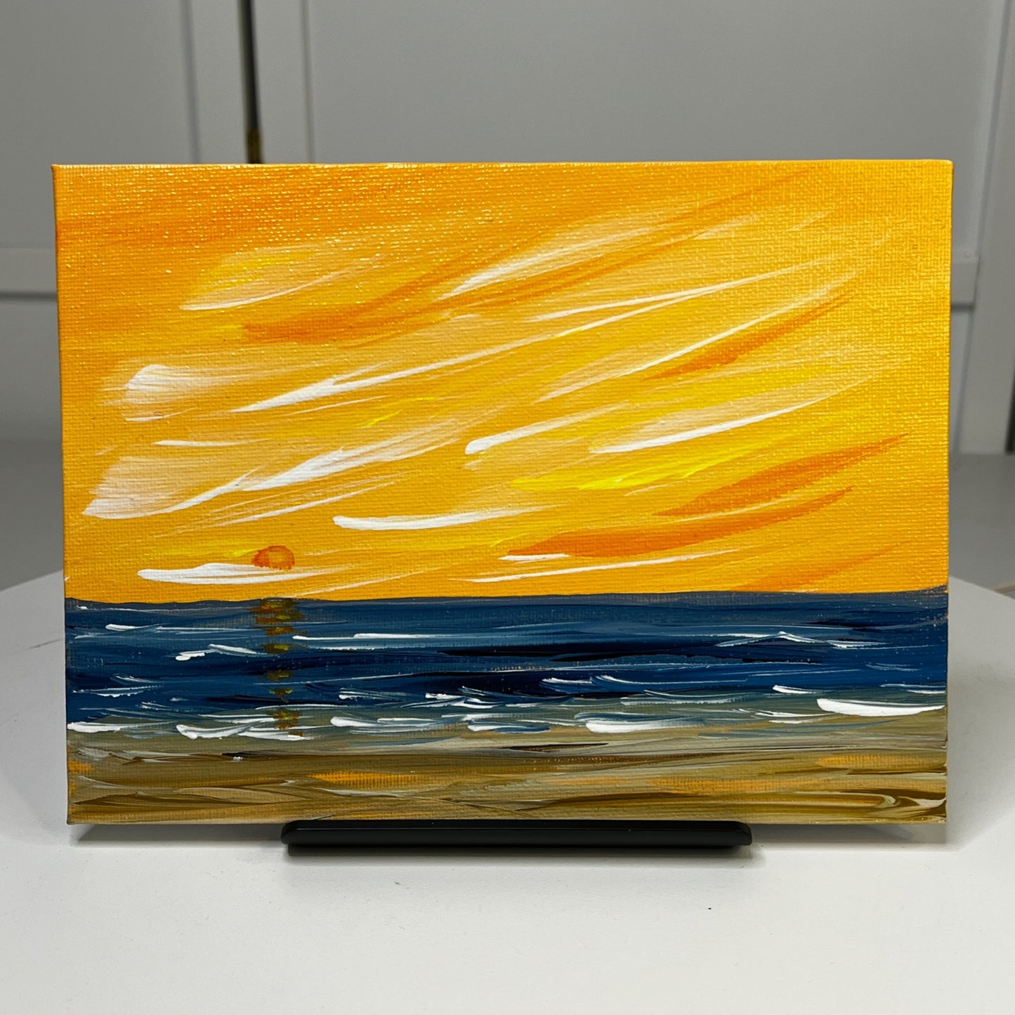 Sun Setting Over The Sea Acrylic Seascape Painting 6" x 8" Unframed - Signed