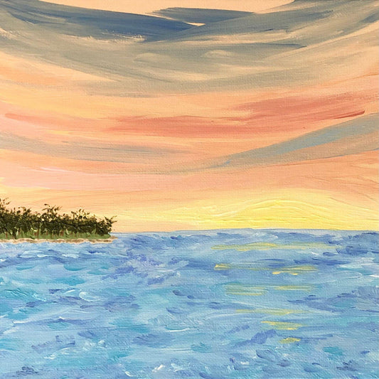 Caribbean Sunset, Original Painting, Acrylic, Seascape, Signed,  8 x 8, Artisan Hand Painted Work