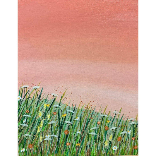 Field of Wildflowers at Sunrise Original Acrylic Painting, 11 x 14, Signed