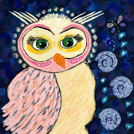 Wise Old Owl 8 x 8 Acrylic Painting, Fun and Colorful, Signed