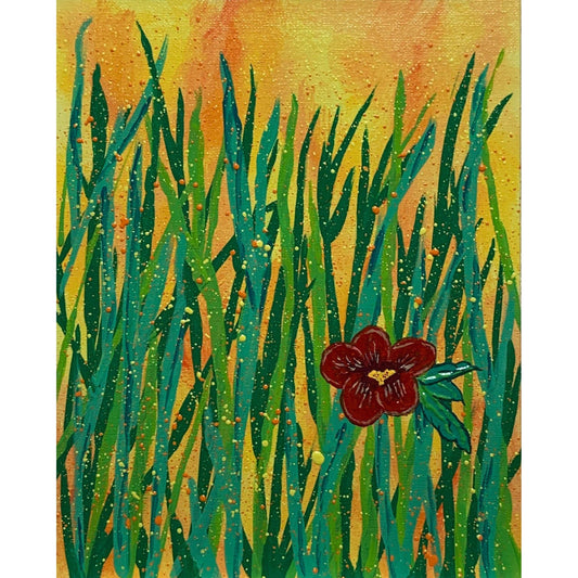 Flowers Reaching to the Sky In Springtime, Floral Art, Original Painting, Color Sprinkles, Beautiful Yellow Red Background, Acrylic, 8 x 10