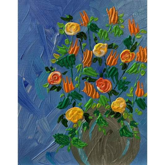 Sunny Flowers in a Vase, Abstract Floral Painting, 8" x 10" Signed