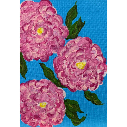 Magenta Flowers Painting, Wide Pedals, Yellow Pistil, Broad Green Leaf's, Beautiful Blue Background, Acrylic Artwork, Artist Signed, 5 x 7