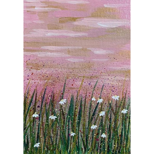 Pink Sunset Wildflowers Original Acrylic Painting With Beautiful Colors, Artist Signed, 5 x 7, Unframed