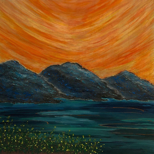 A Glorious Sunset 12 x 12 Acrylic Painting, Landscape, Mountains, Lake, Wildflowers, Signed