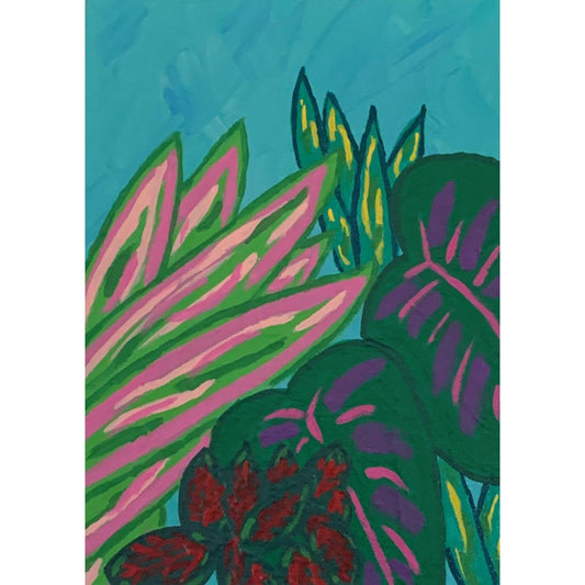 Tropical Leaves, Original Acrylic Painting, 5 x 7, Signed