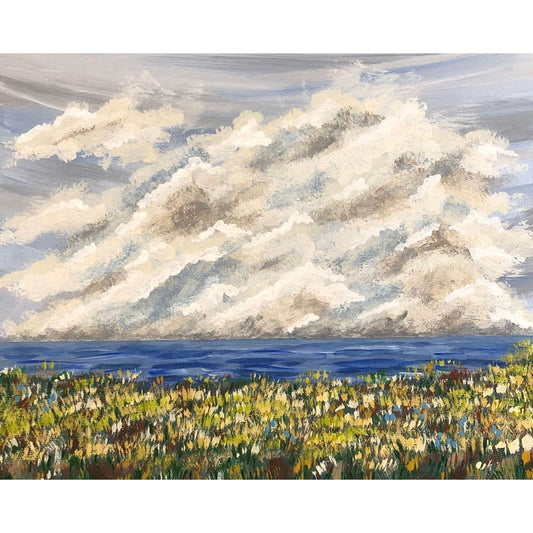 Clouds on the Horizon Acrylic Painting, Seascape with Clouds and Wildflowers 8 x 10